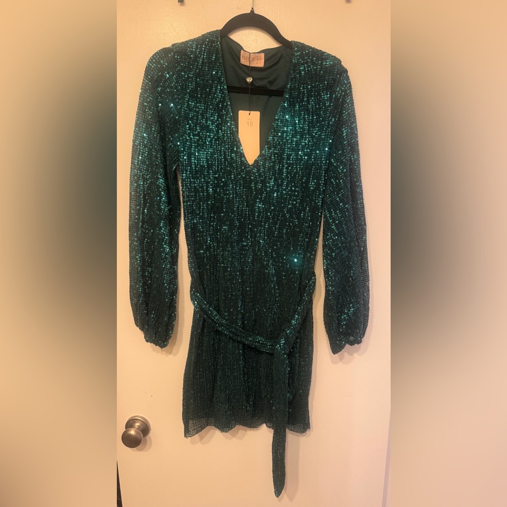 Club L London Teal Sequin Long Sleeve Dress